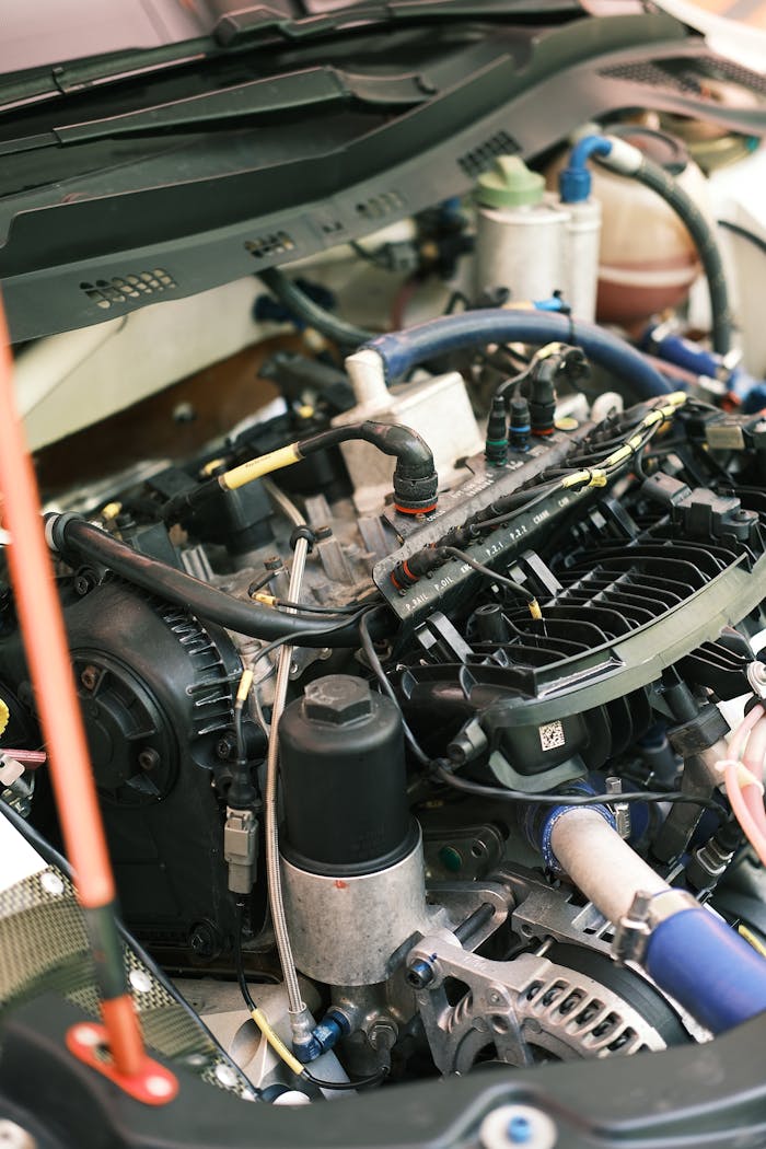 Close-up of a car engine inside a workshop, showcasing its mechanical details and components.